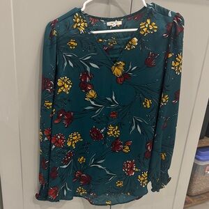 Maurices Teal Blouse with Red and Yellow Floral Design